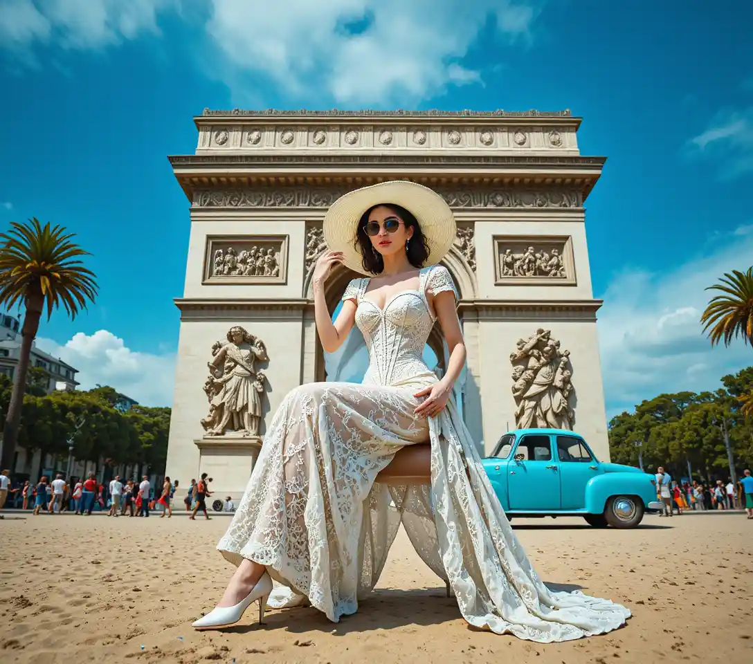 Elegant woman posing by the Arc de Triomphe in Paris