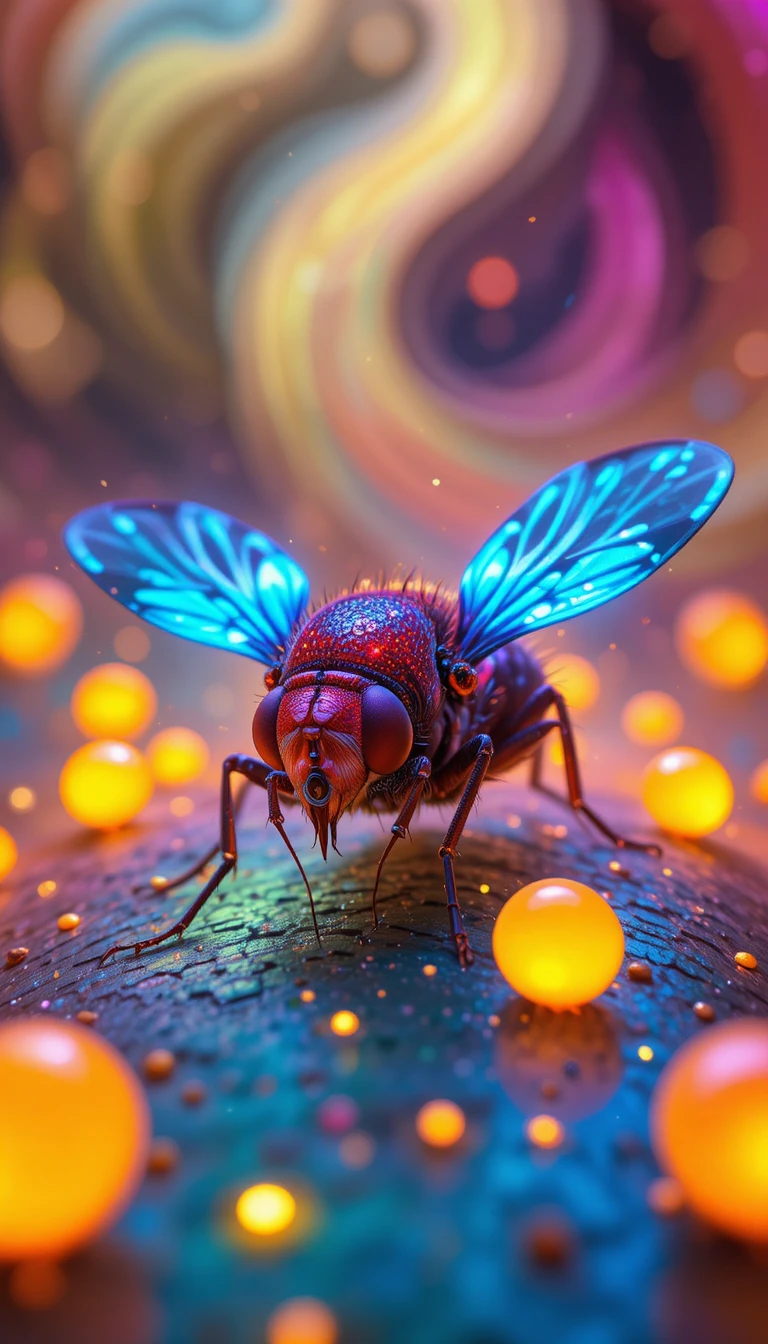 Neon fly resting on glowing orbs in surreal colors