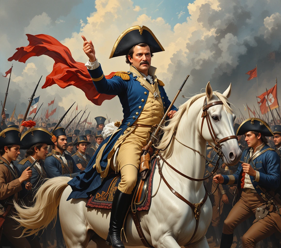 Napoleon on a rearing white horse in classical battle painting
