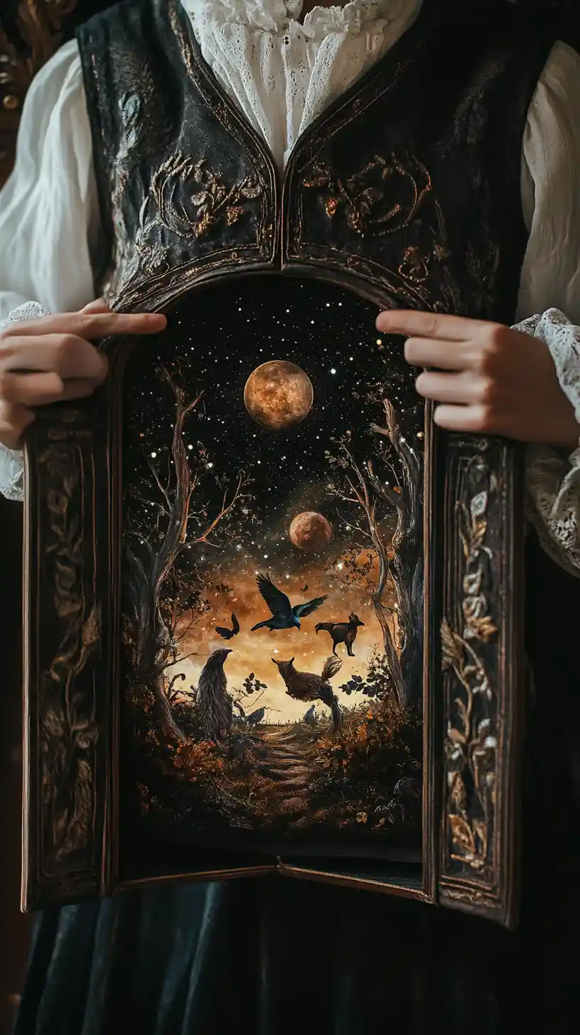 Person opening a vest to reveal a tiny cosmic forest