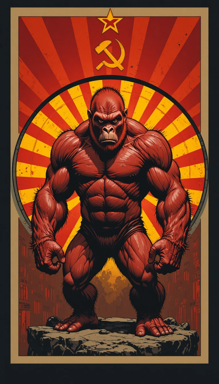 Red muscular gorilla in a bold circular soviet style frame