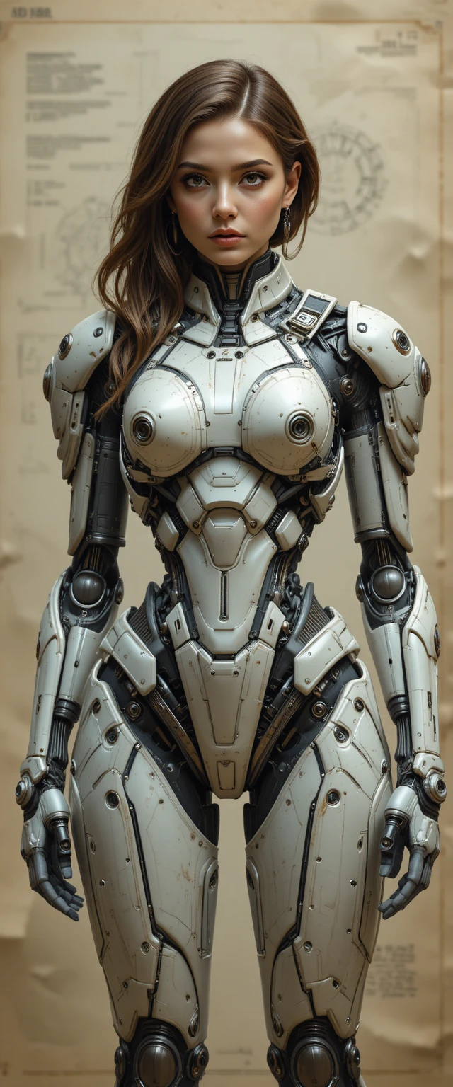 Female mech pilot in biomechanical exosuit front facing portrait