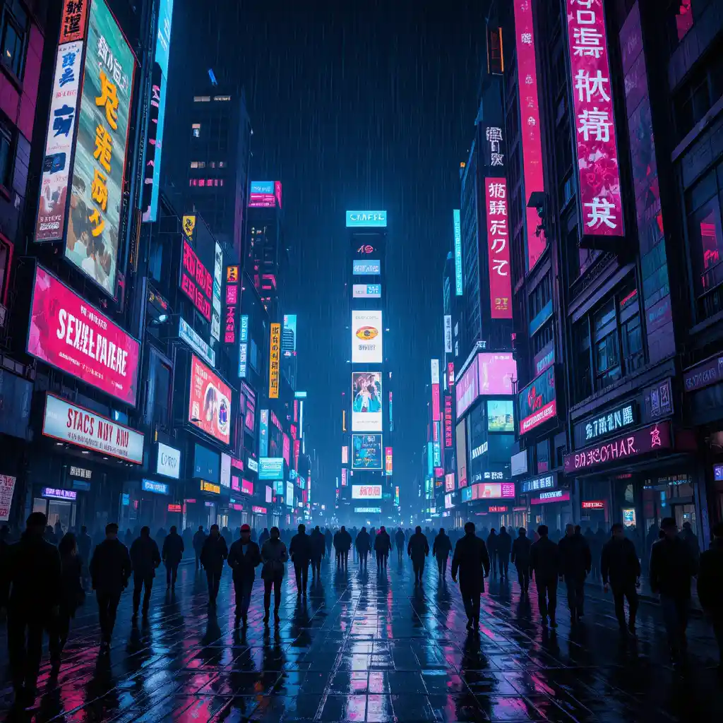 네온 사이버펑크 도시의 밤거리와 빛나는 빌보드