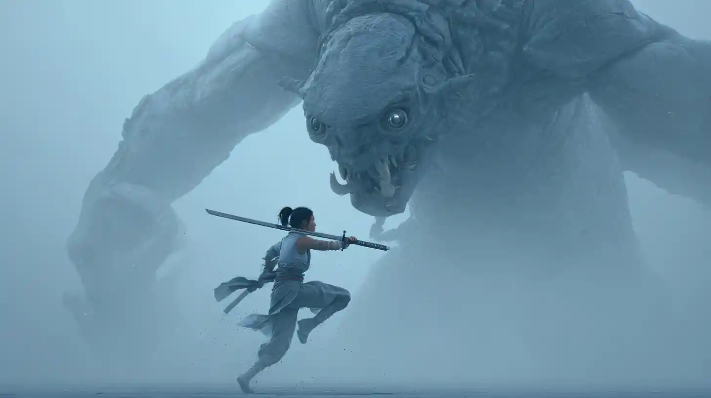 Cybernetic female warrior attacking giant creature in mid air