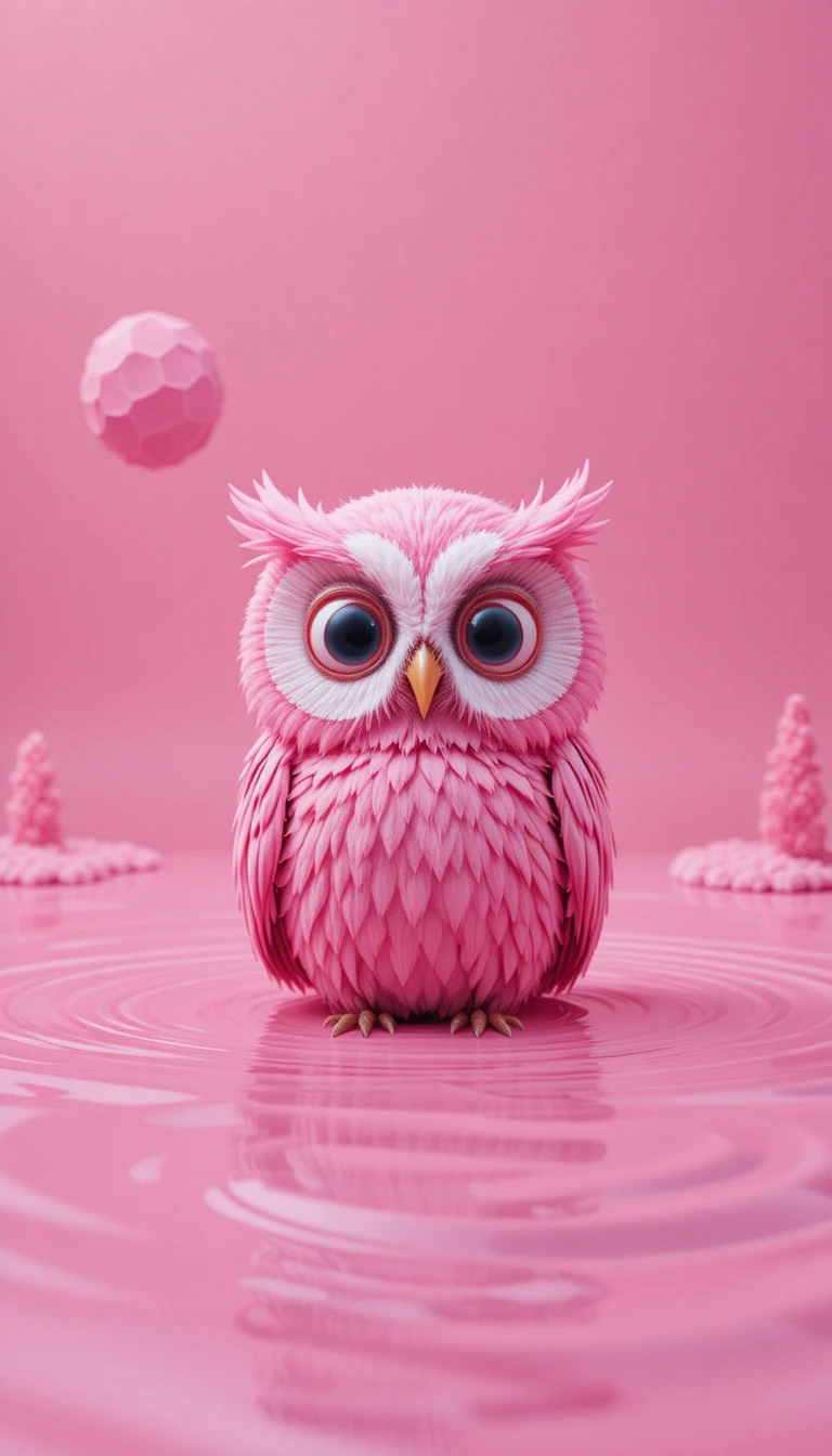 Búho rosa de caricatura relajándose en escena de agua abstracta