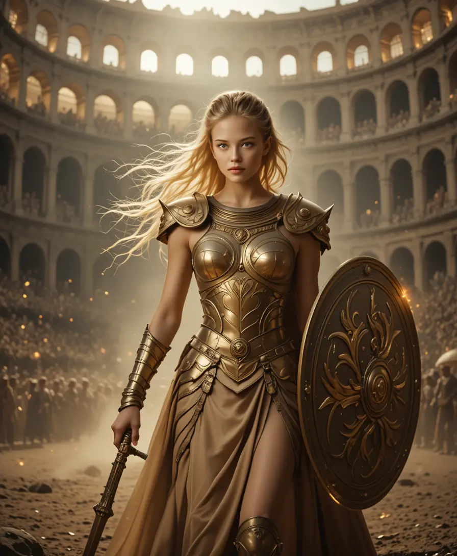 Blonde warrior woman in golden armor in vast arena