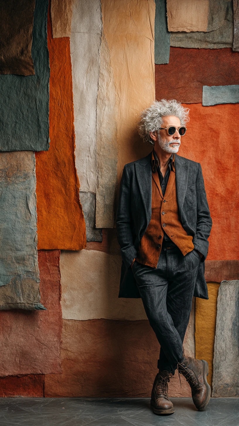 Stylish man in blazer leaning on abstract textured wall