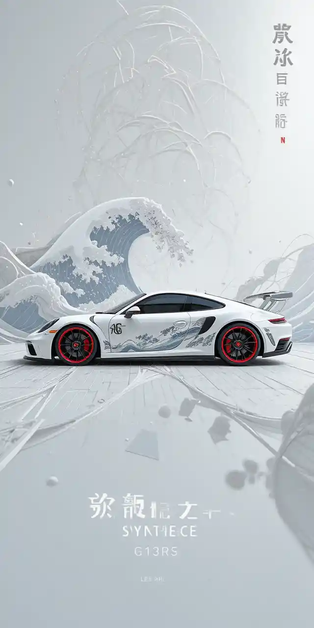Futuristic white sports car with abstract wave decals
