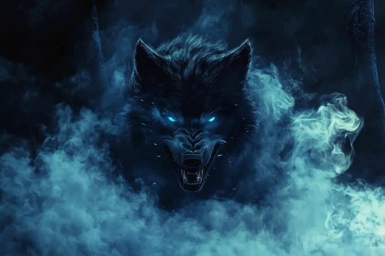 Howling wolf at the edge of a smoky forest