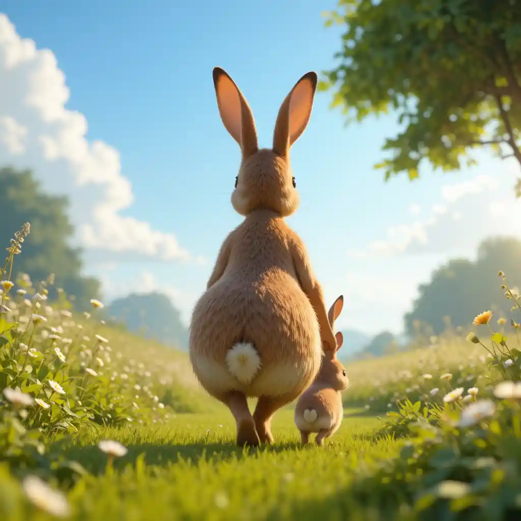 Mother rabbit and baby walking toward a sunny meadow