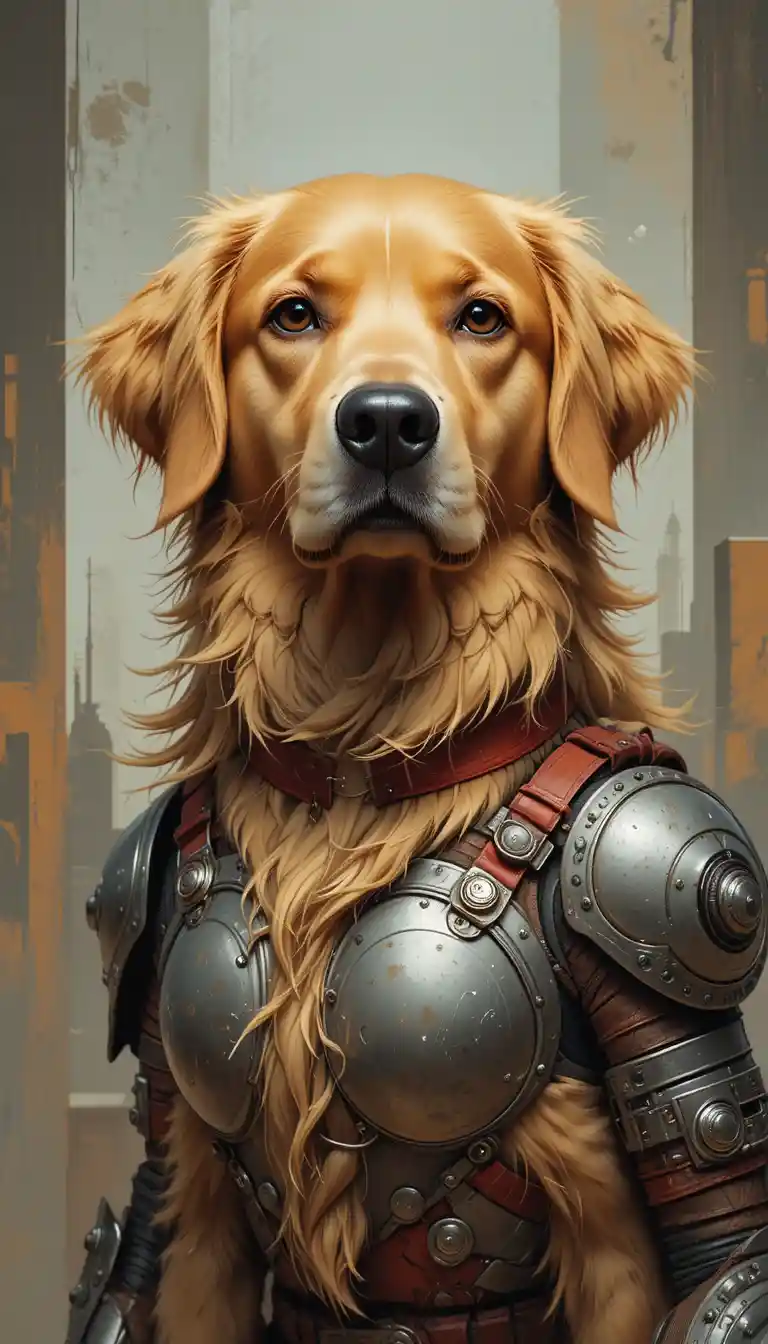 Golden retriever in armatura futuristica con sfondo astratto