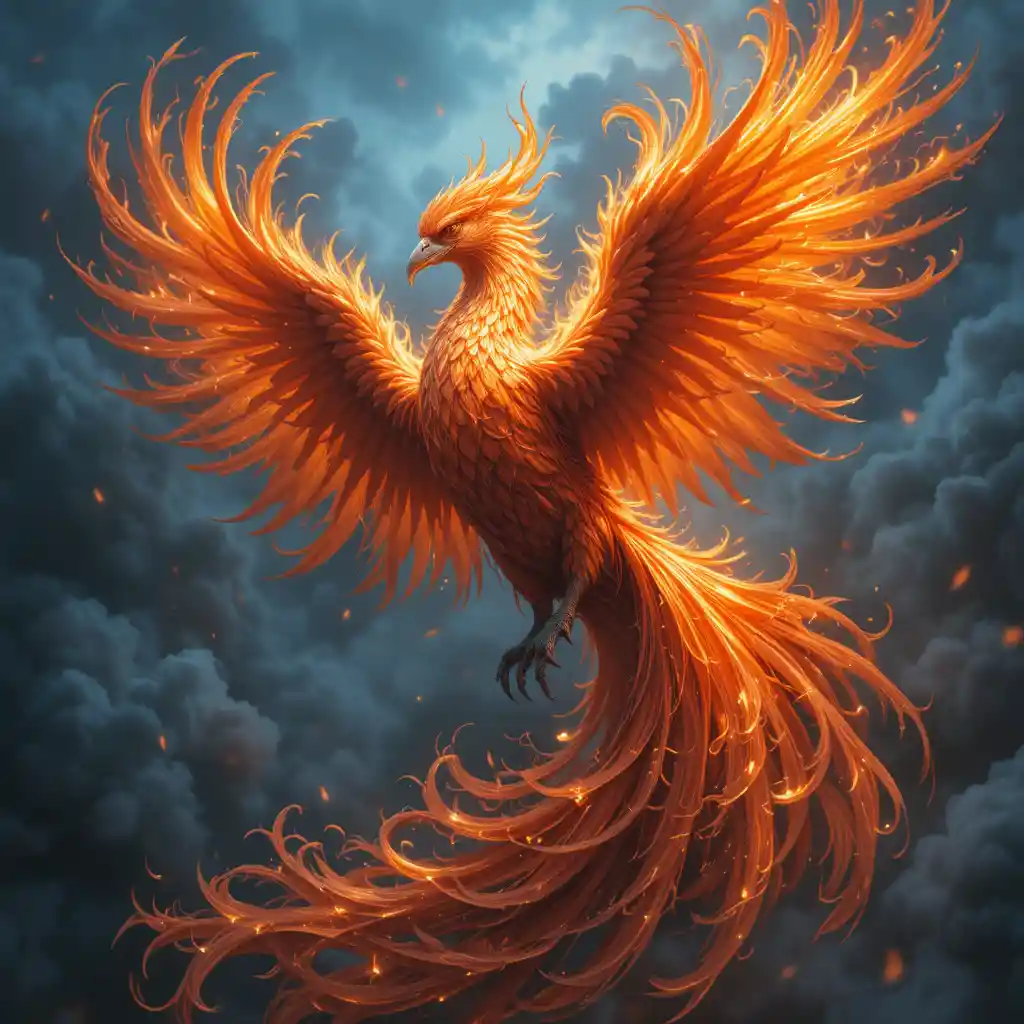 Fiery phoenix soaring against a dark smoky sky