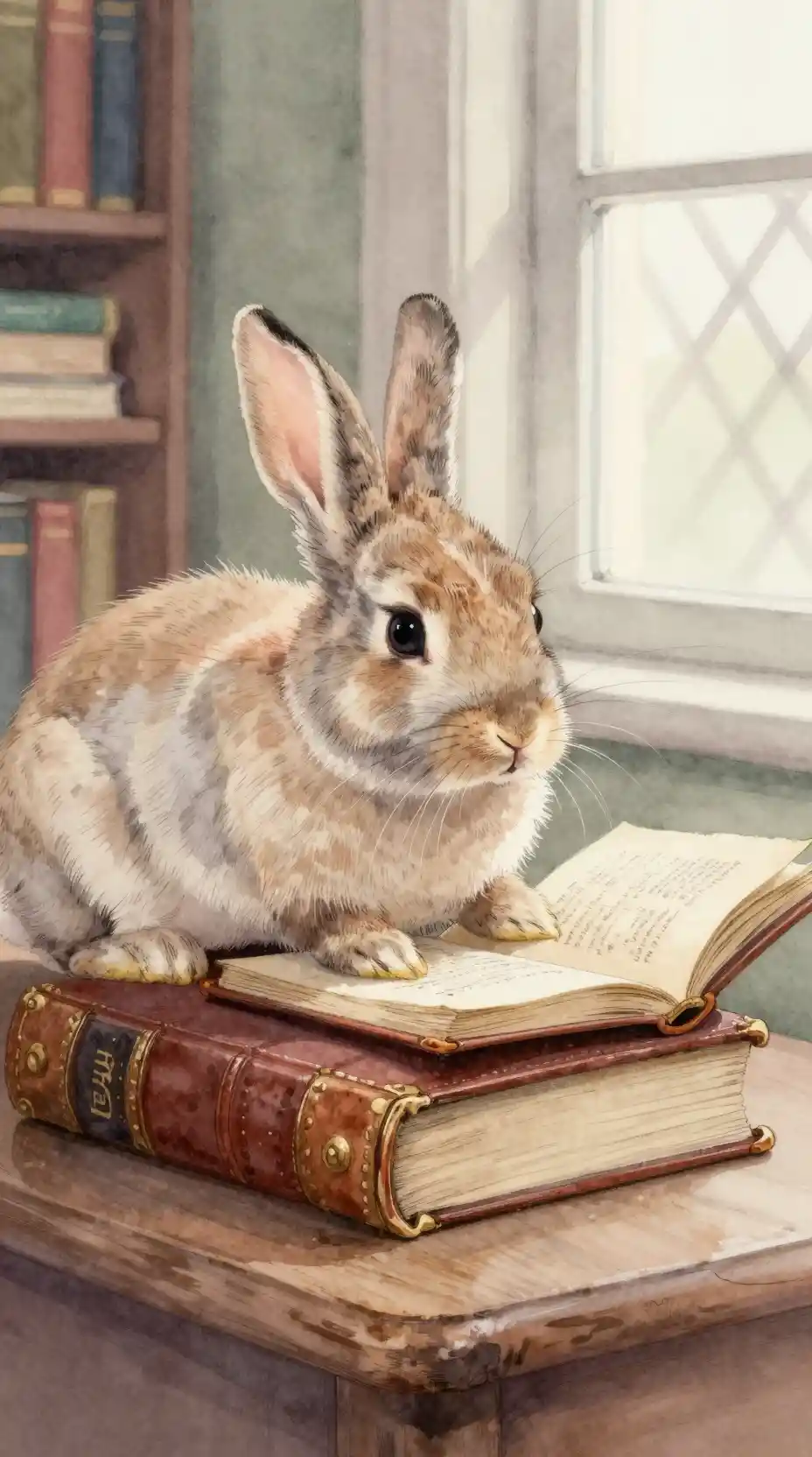 Watercolor rabbit portrait reading in a quiet library