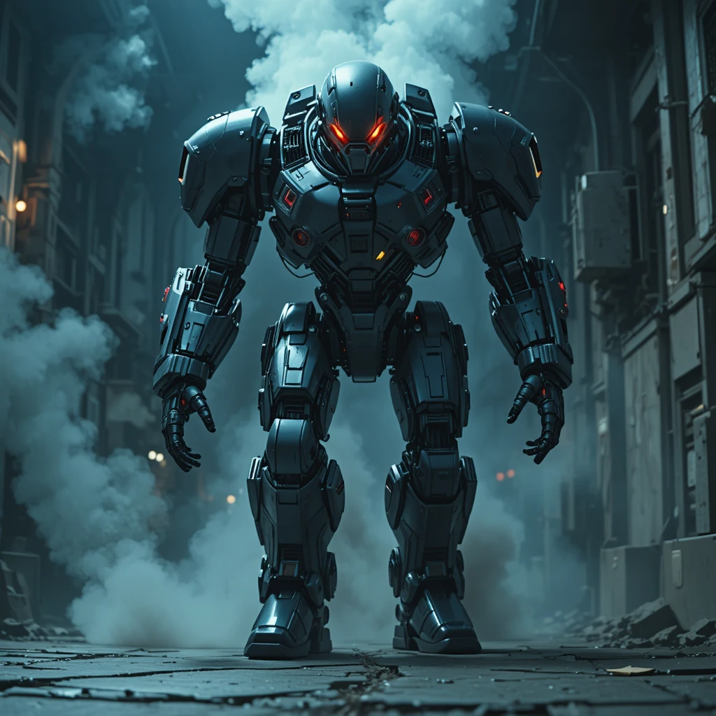Massive robot advancing through cracked city street at night