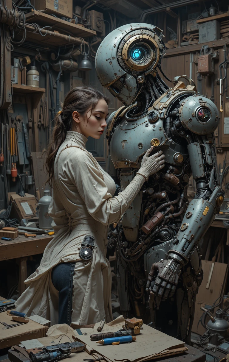 Femme mi-cyborg réparant un robot dans un atelier chaleureux