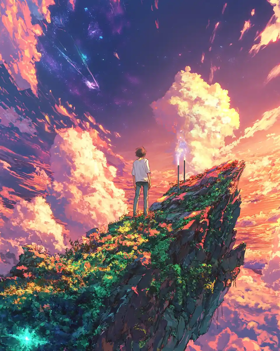 Colorful anime digital illustration pointing toward the future