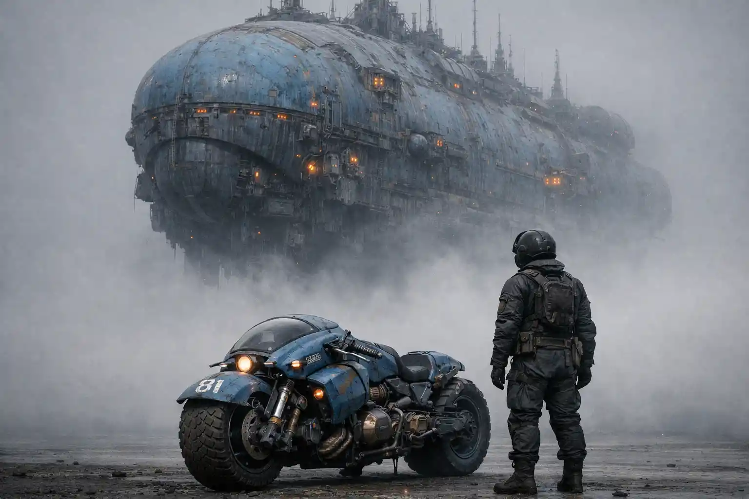Massive blue spaceship looming over motorcycle in dense fog