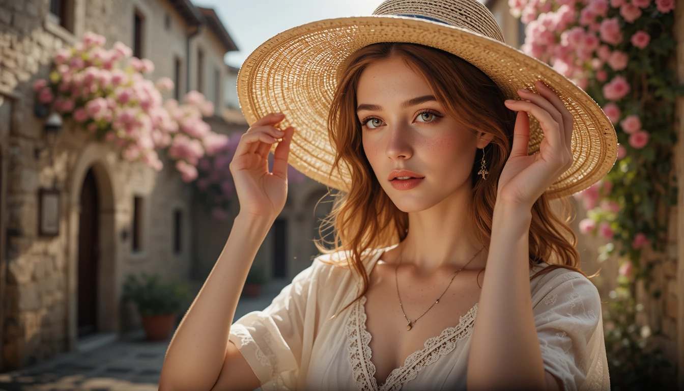 Mujer ajustando sombrero de paja en un soleado patio italiano