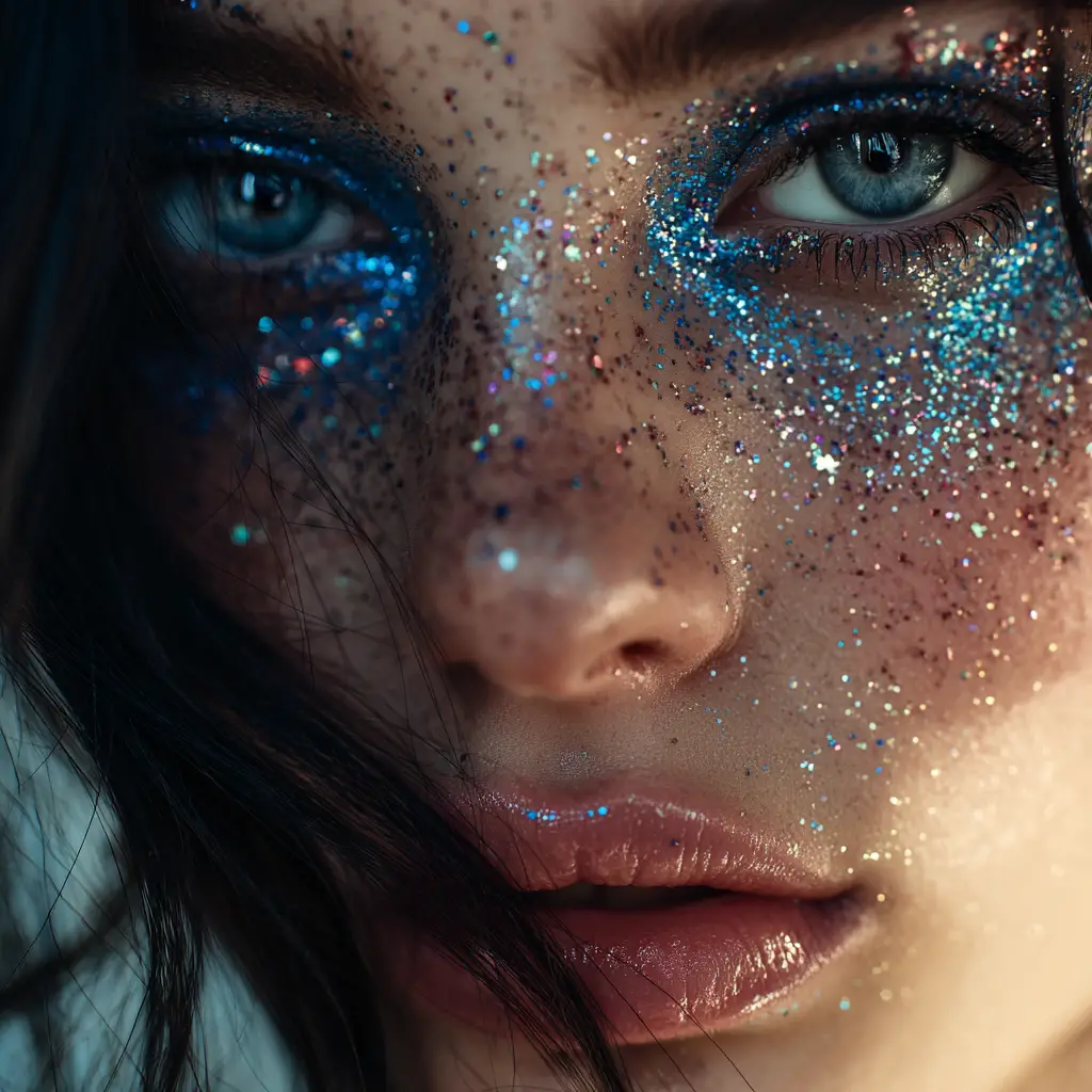 Close up beauty portrait of glitter covered girl