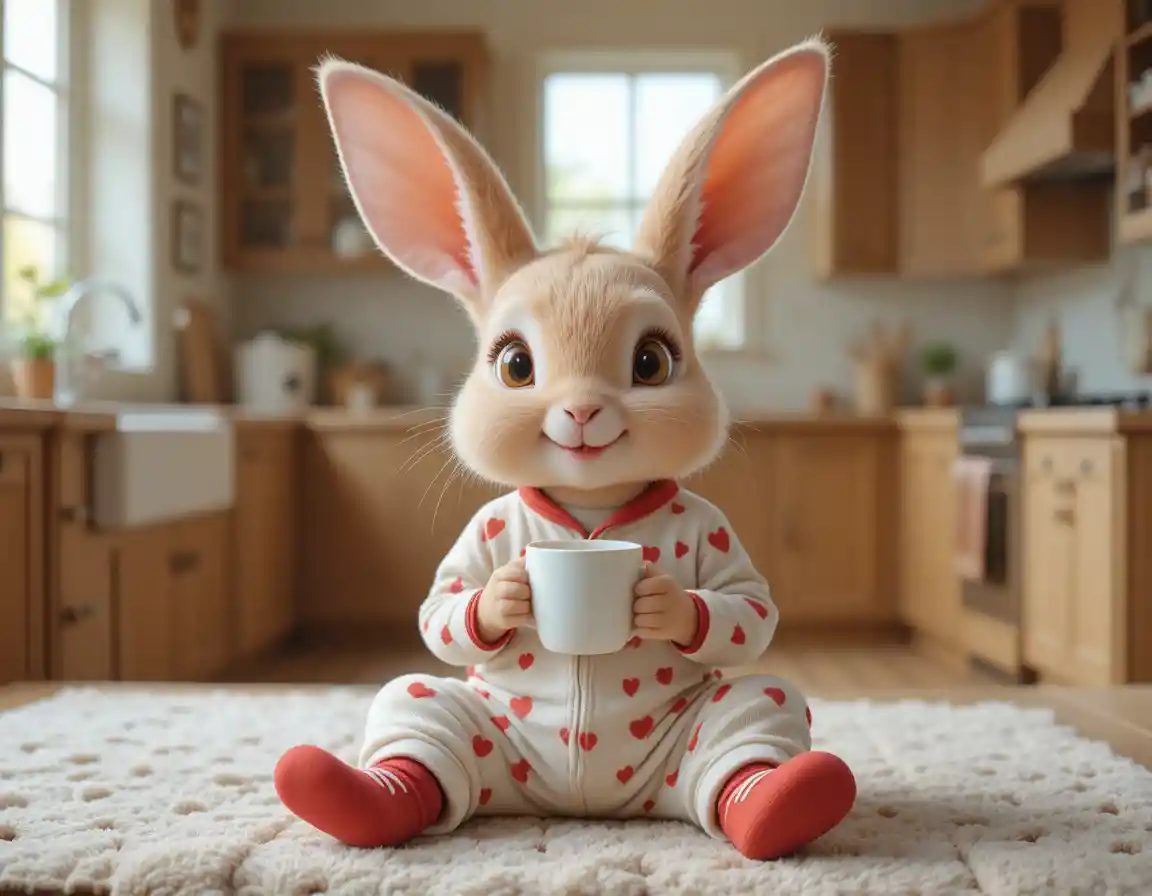 Cute rabbit in heart pajamas holding a warm drink