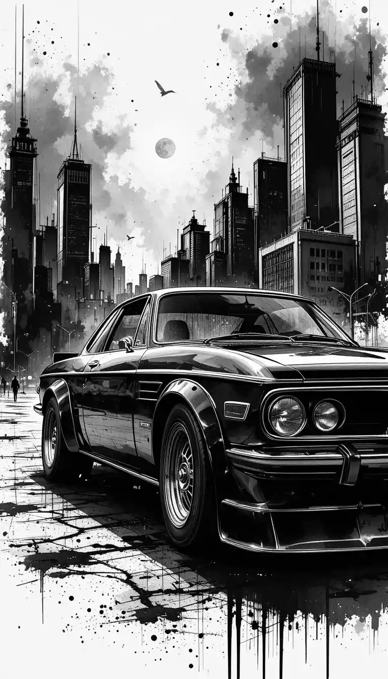 Black and white digital drawing of a classic sports car