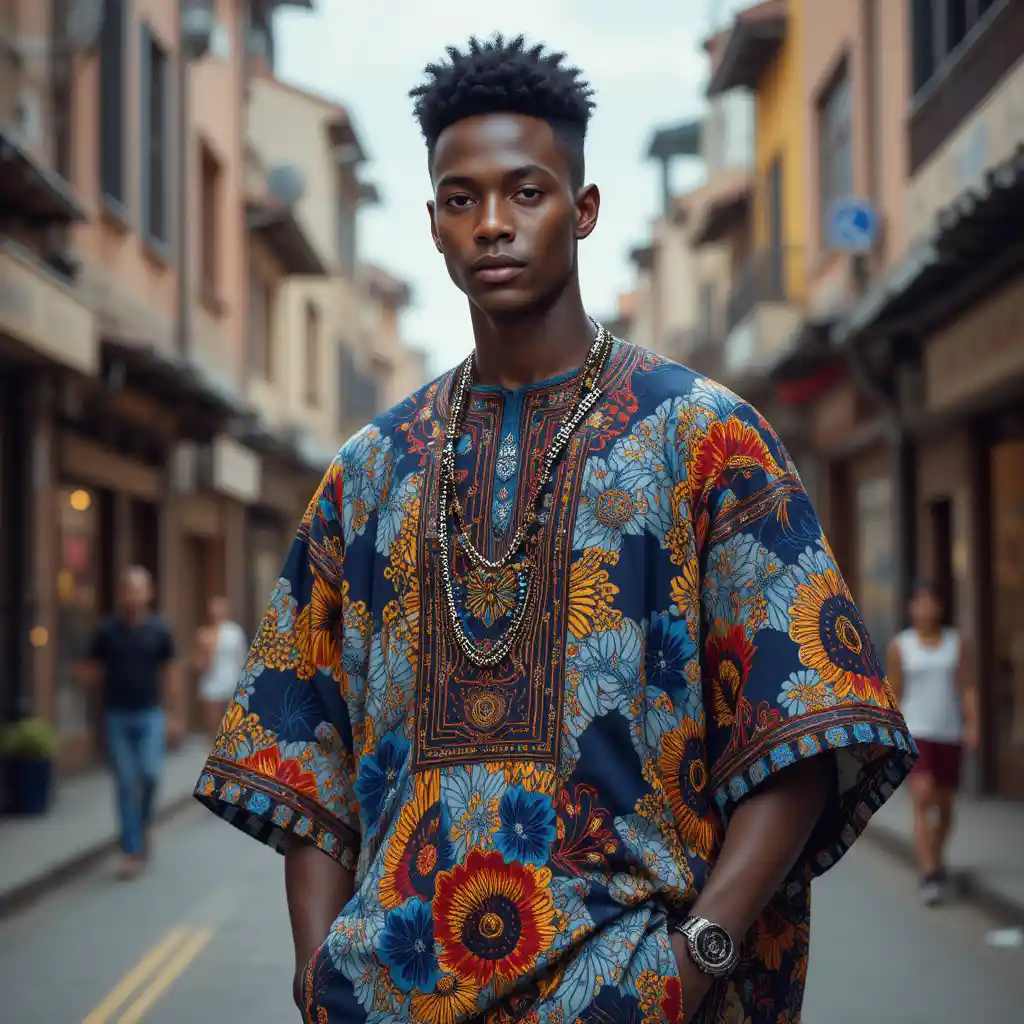 Confident young man in modern boubou on urban street