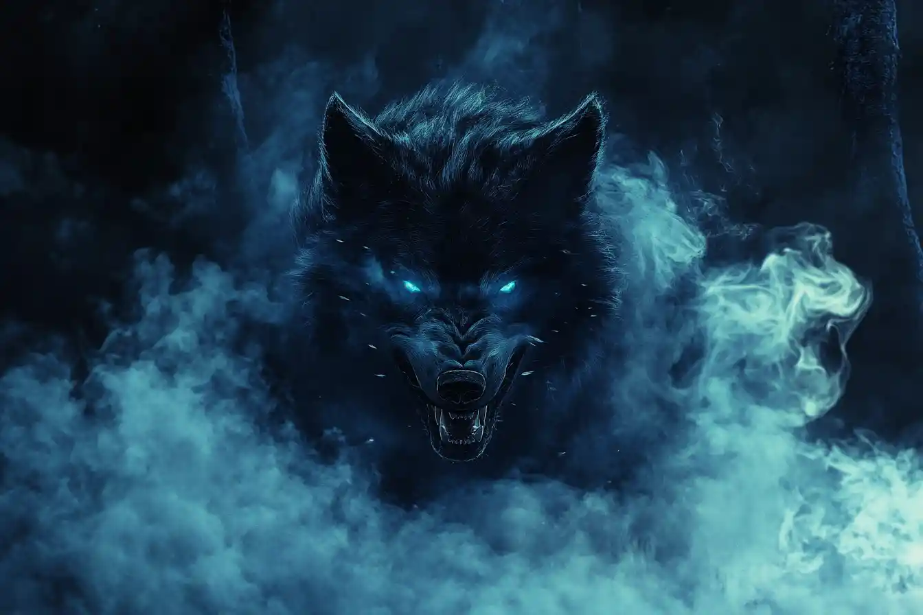 Howling wolf at the edge of a smoky forest
