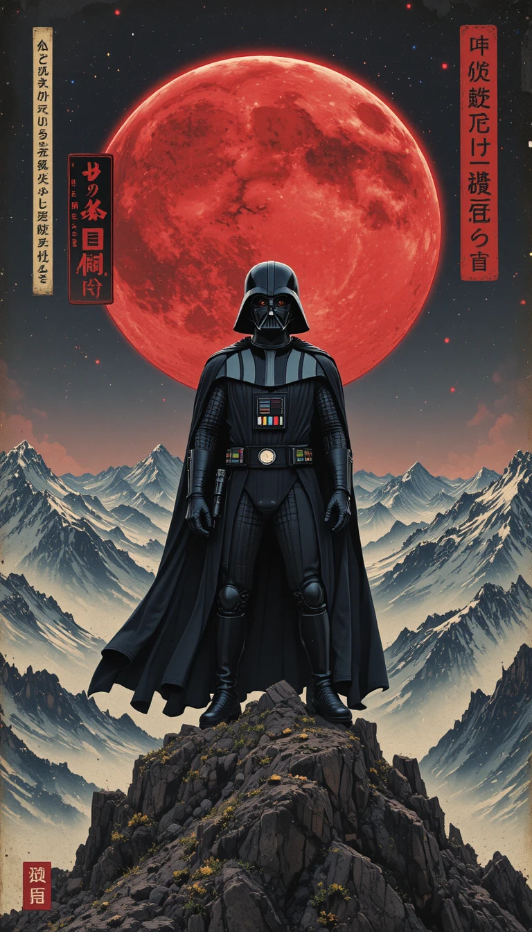 Armored warrior on mountain peak before a massive red moon
