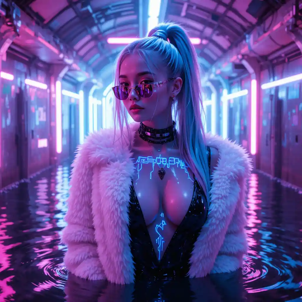 Portrait de femme cyberpunk dans un tunnel souterrain inondé de néons