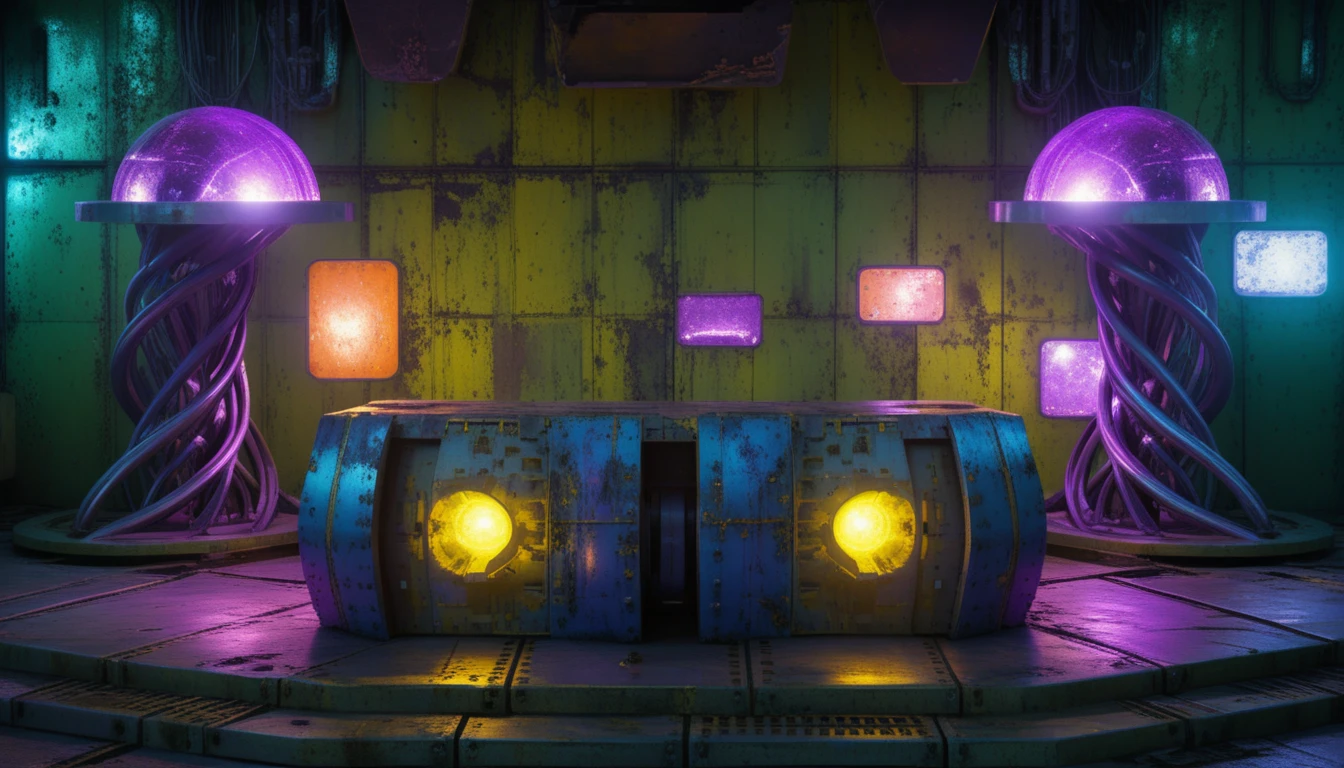 Interno Futuristico Sci‑Fi con Tavolo Centrale Metallico Luminoso