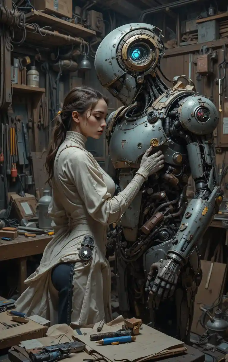 半分サイボーグの女性があたたかな工房でロボットを修理している