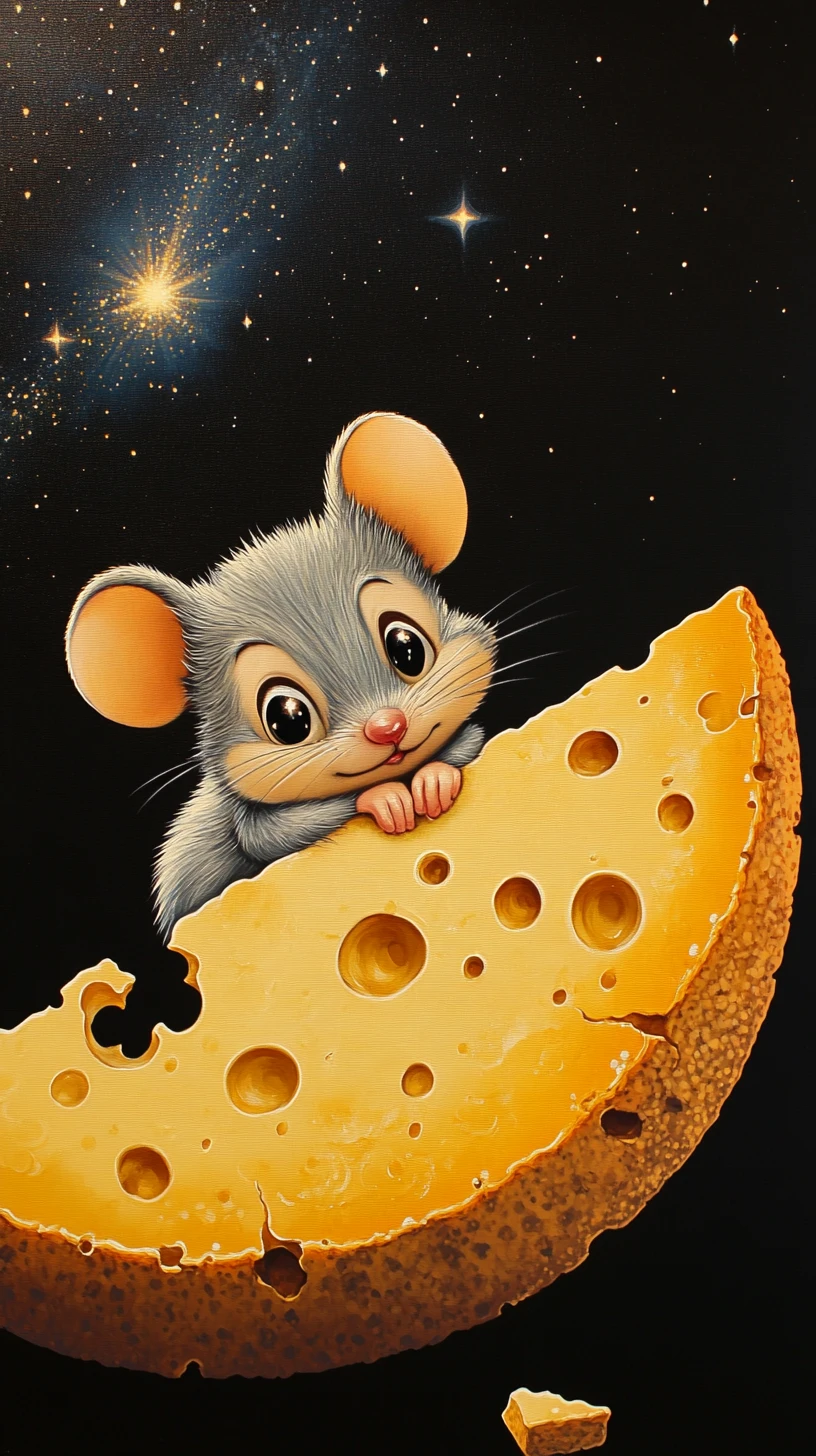 Ratón de caricatura sobre un gigantesco creciente de queso bajo un cielo estrellado