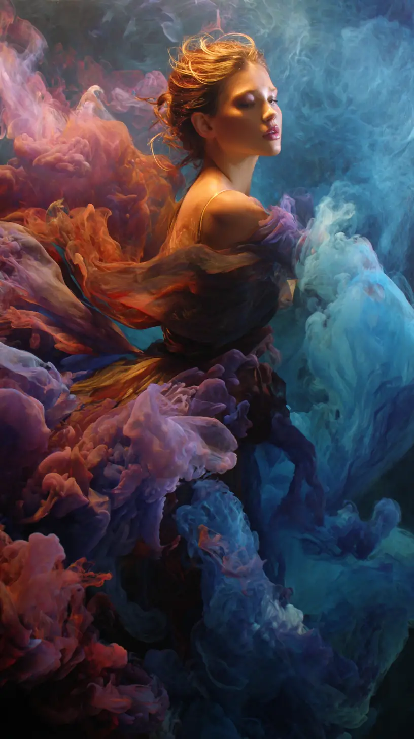 Passionate woman surrounded by flowing waves of vivid color