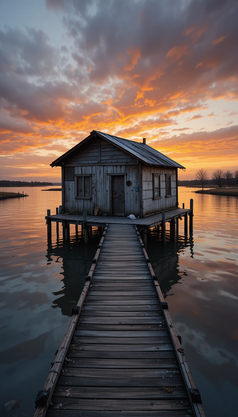 Rustikale Holzhütte auf Stelzen über stillem Wasser im Sonnenuntergang