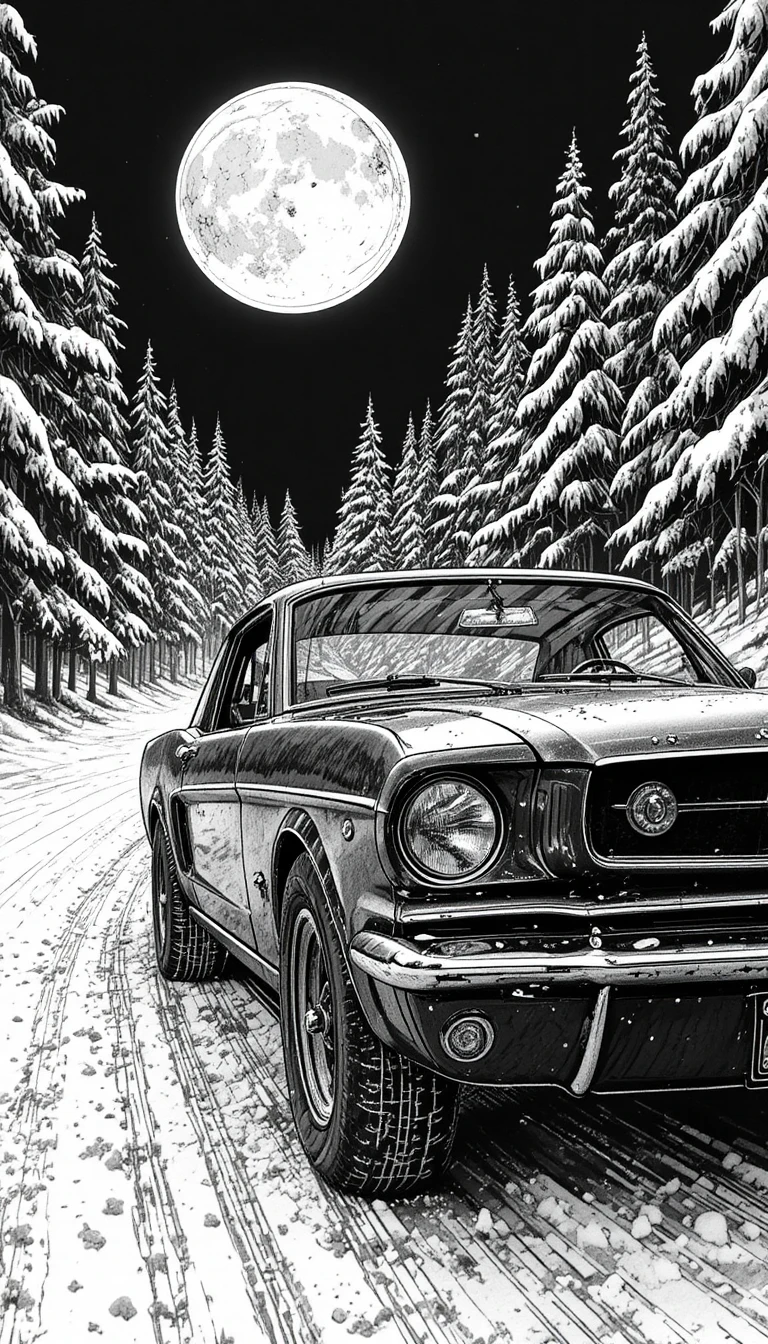 Ford Mustang d’epoca che attraversa una foresta innevata al chiaro di luna