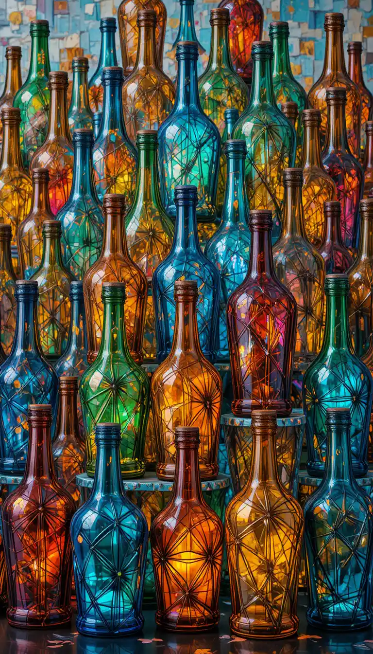 Colorful glass bottles in a geometric grid illustration
