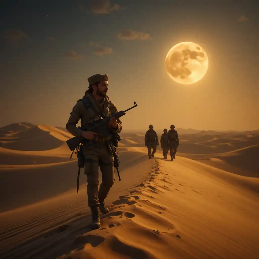 Soldier hiding behind stone wall in moonlit desert night