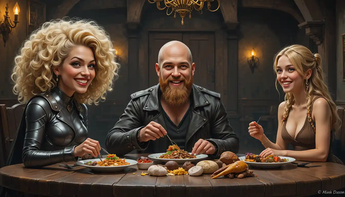 Tres amigos comiendo juntos en una taberna medieval tenue