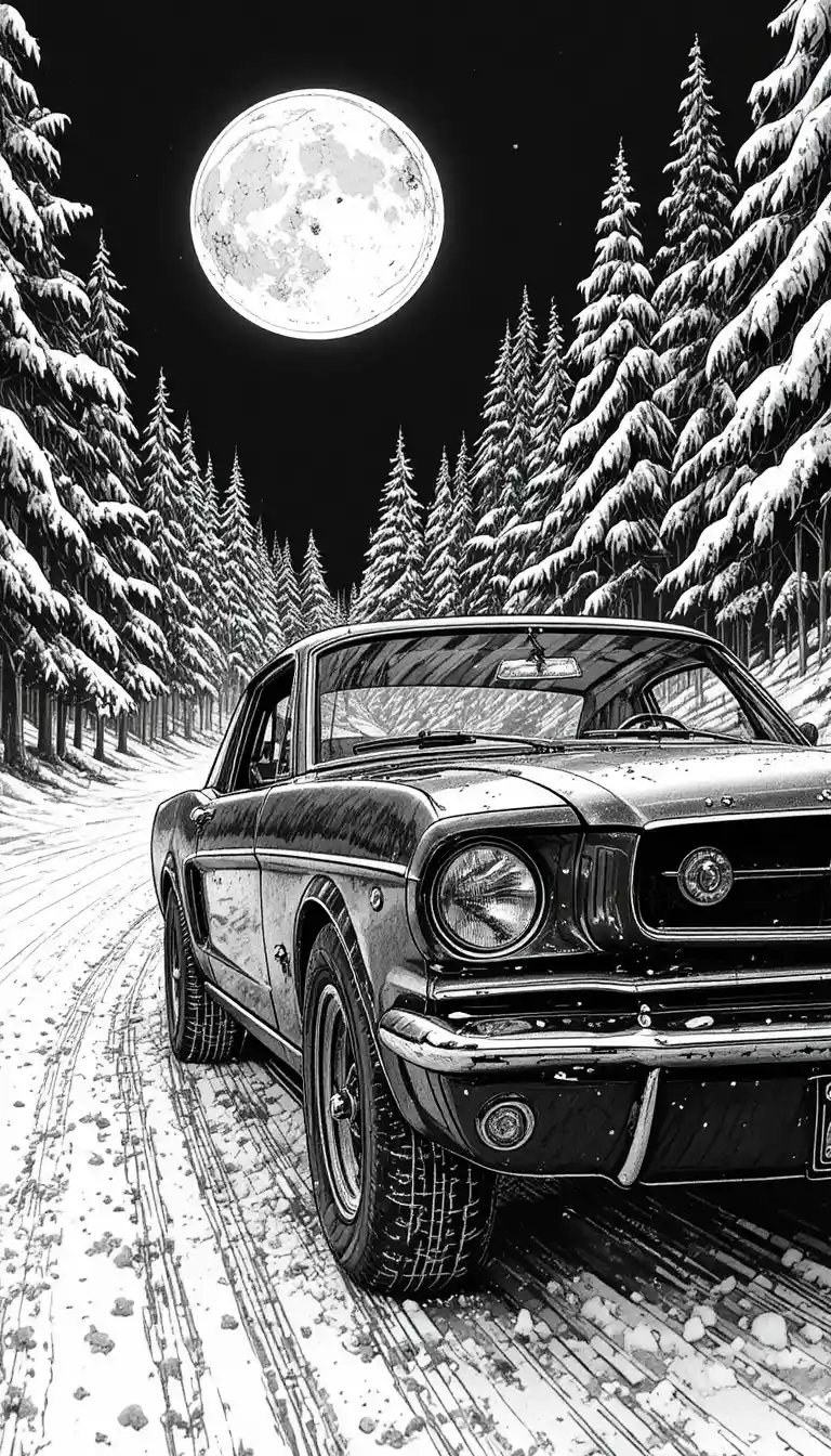 Vintage Ford Mustang driving through a snowy moonlit forest