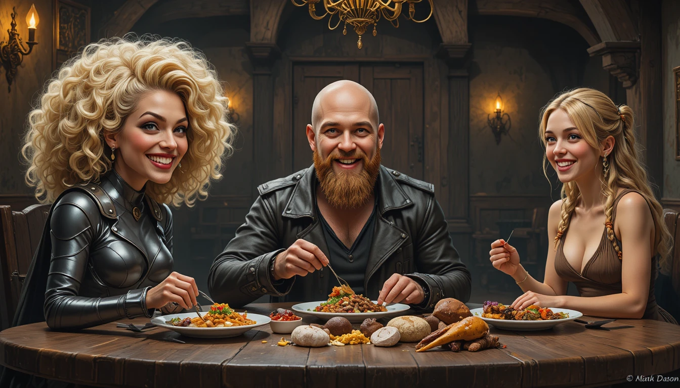 Tres amigos comiendo juntos en una taberna medieval tenue