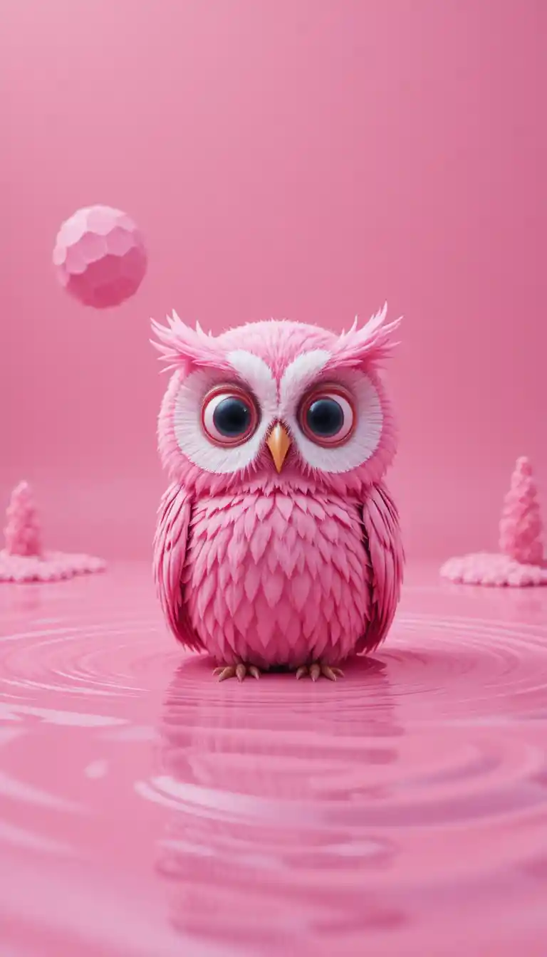 Búho rosa de caricatura relajándose en escena de agua abstracta