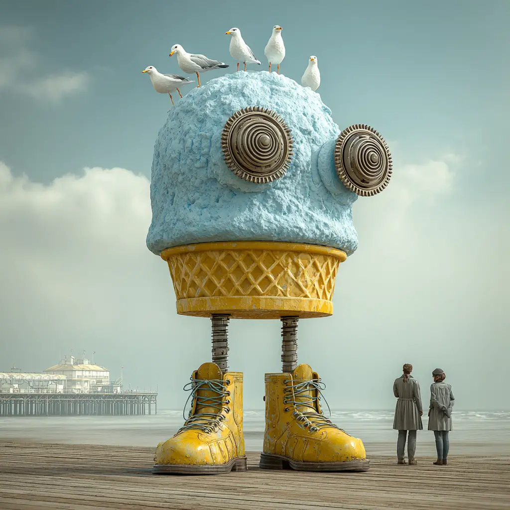 Surreal Ice Cream Creature On A Seaside Pier