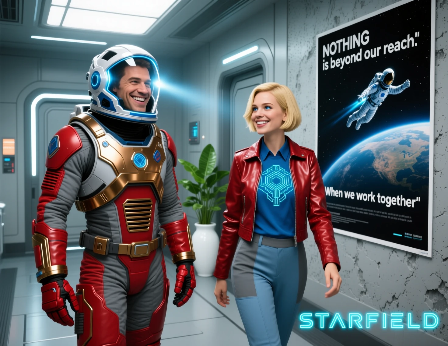 Astronaut and woman talking in a futuristic corridor