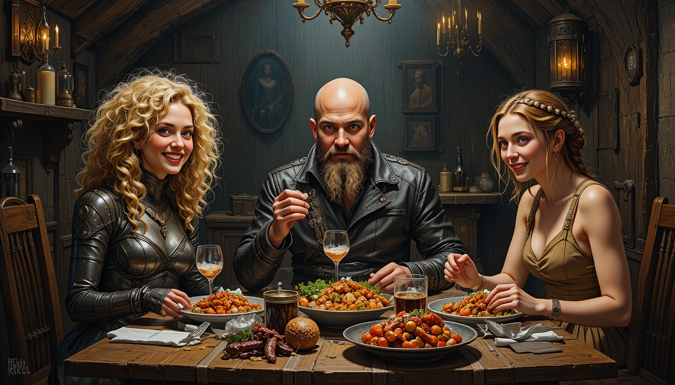 Tres amigos comiendo juntos en una oscura taberna medieval