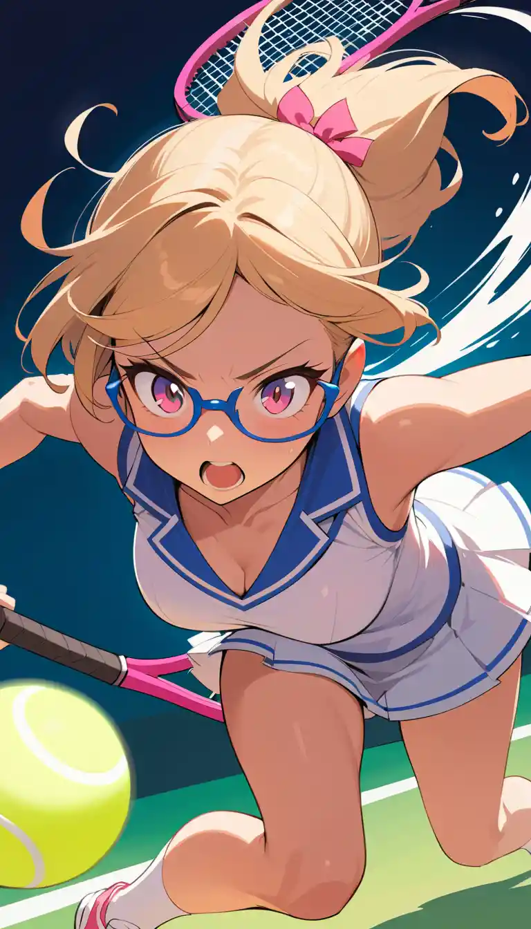 Ragazza anime che schiaccia una palla da tennis da un angolo dinamico