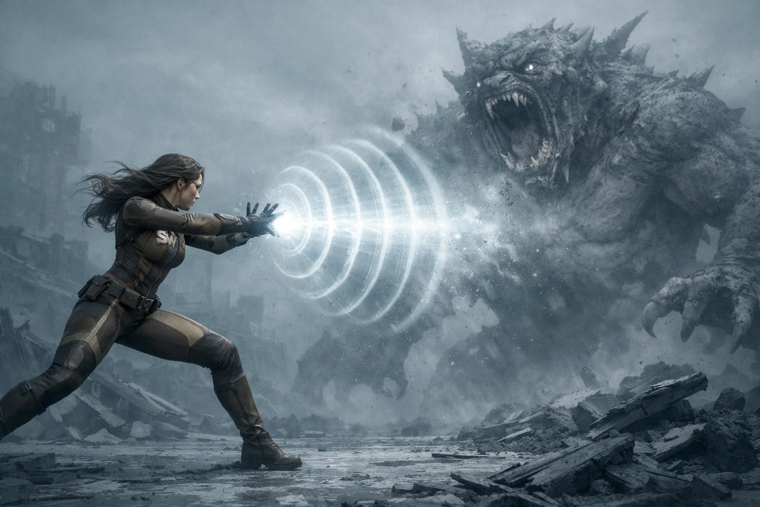 Supereroina che sprigiona potere sonico contro un mostro gigantesco
