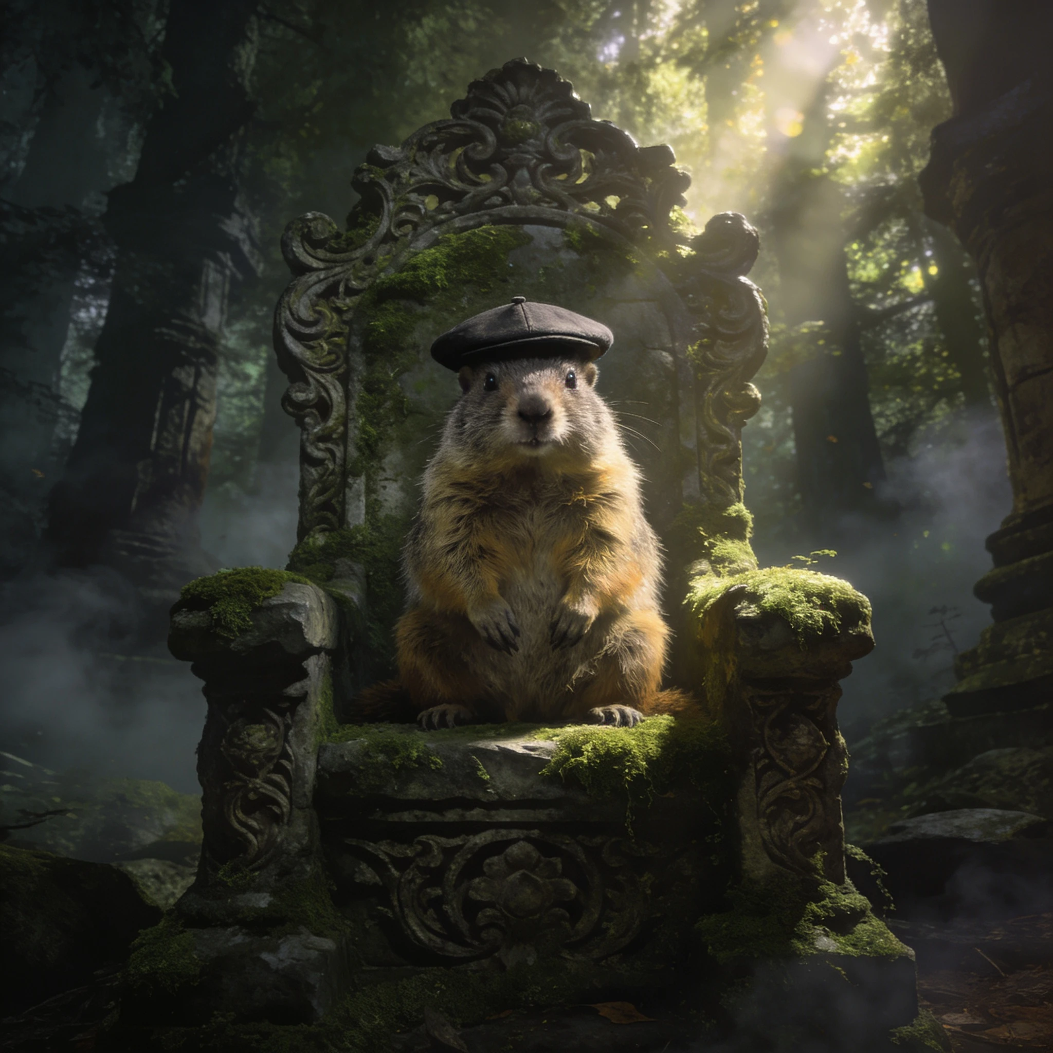 Regal groundhog on mossy stone throne in misty forest