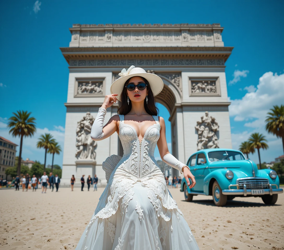 Elegant cabaret woman before the Arc de Triomphe