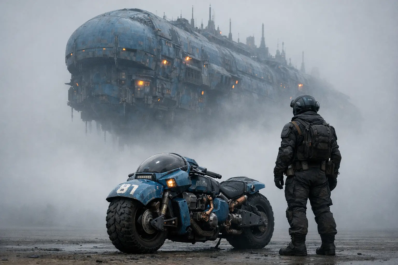 Foggy blue spaceship towering above a lone futuristic motorcycle