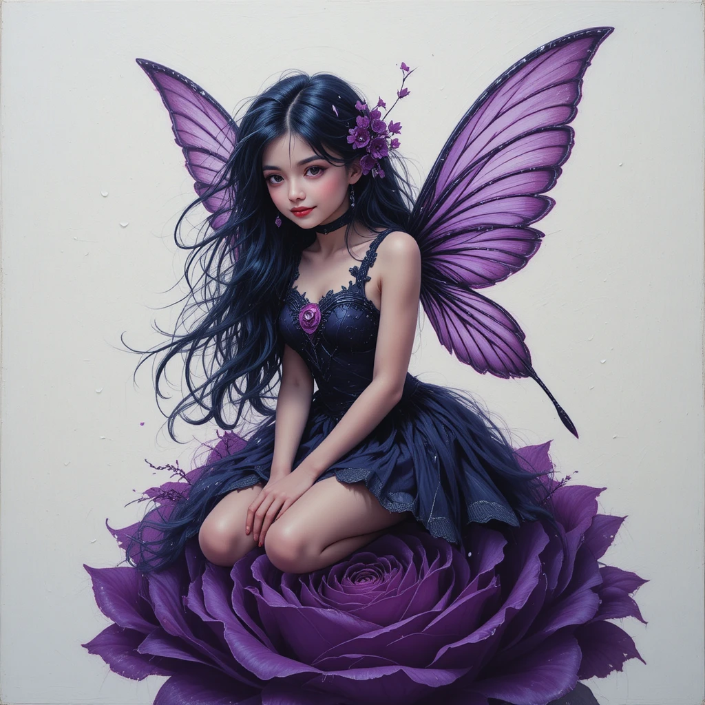 Smiling dark haired fairy sitting on a purple rose